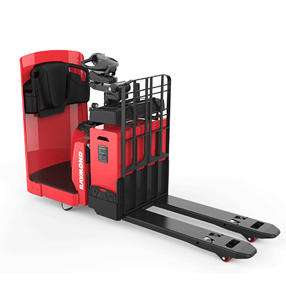 Raymond 8810 side-entry pallet truck with ergonomic operator compartment and easy-access design for low-level order picking and horizontal transport applications